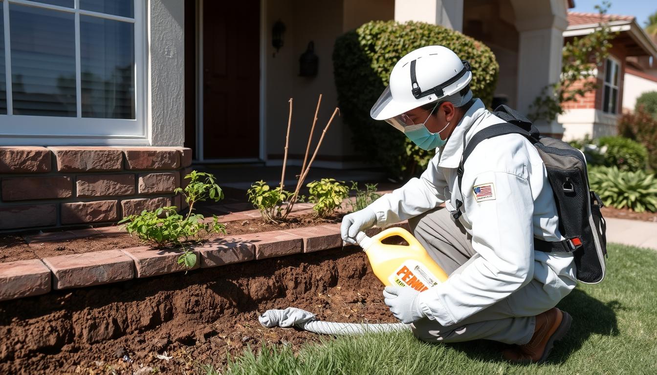 Preventive termite treatment being applied to Orange County home