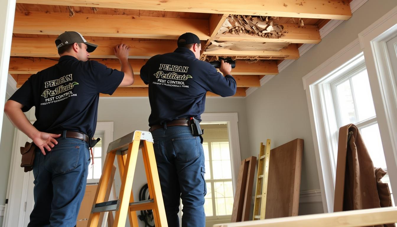 Top Termite Damage Repair Services in Baton Rouge LA 7 Pelican Pest Control technicians repairing termite damage in a Baton Rouge home