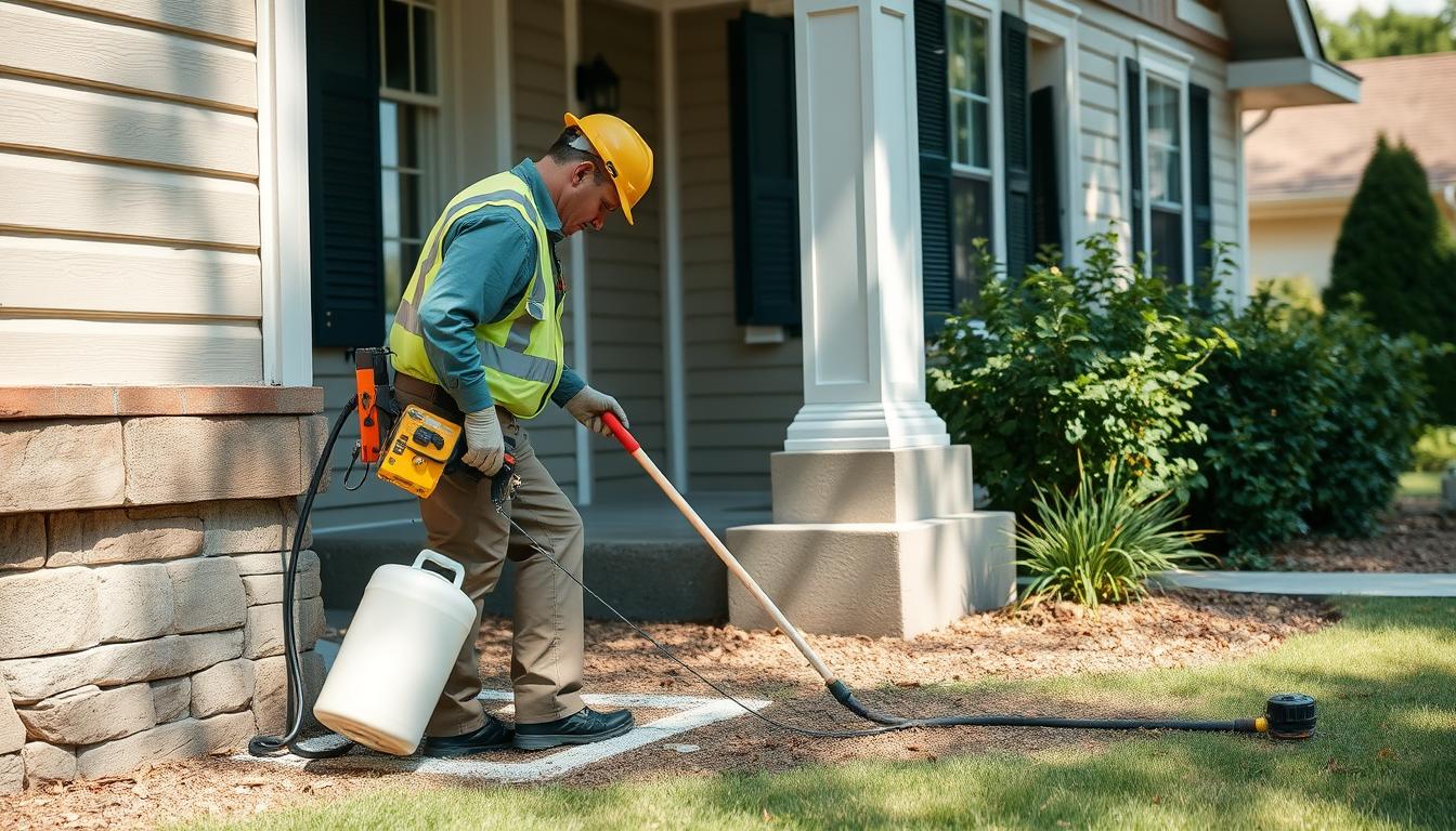Professional termite treatment being applied to an Omaha NE home
