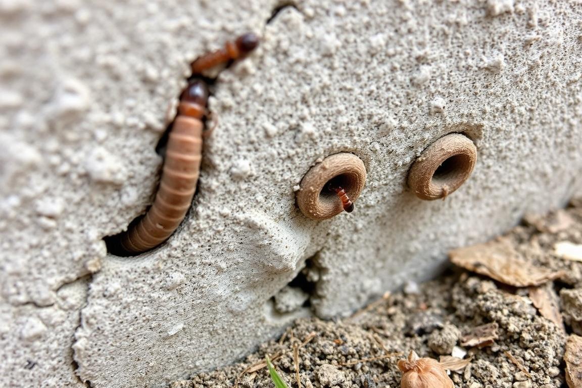 Subterranean termite mud tubes on Boise home foundation after spring rain